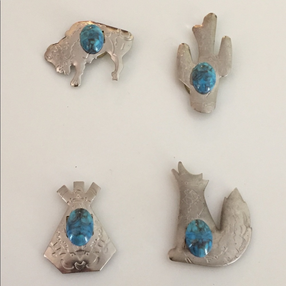 Vintage Western Southwestern Button Covers retro silver metal fake Turquoise gem